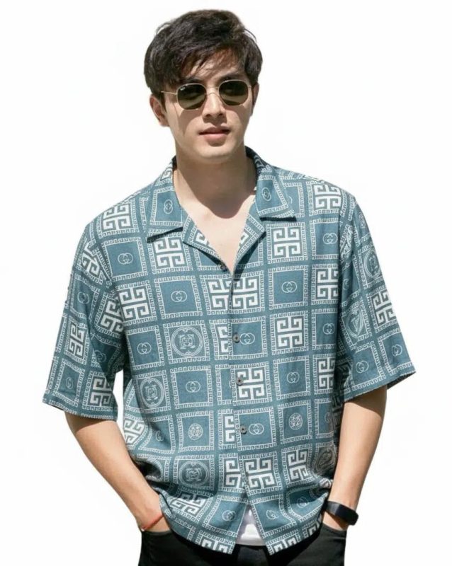 Blue & white geometric pattern-Half sleeve shirt