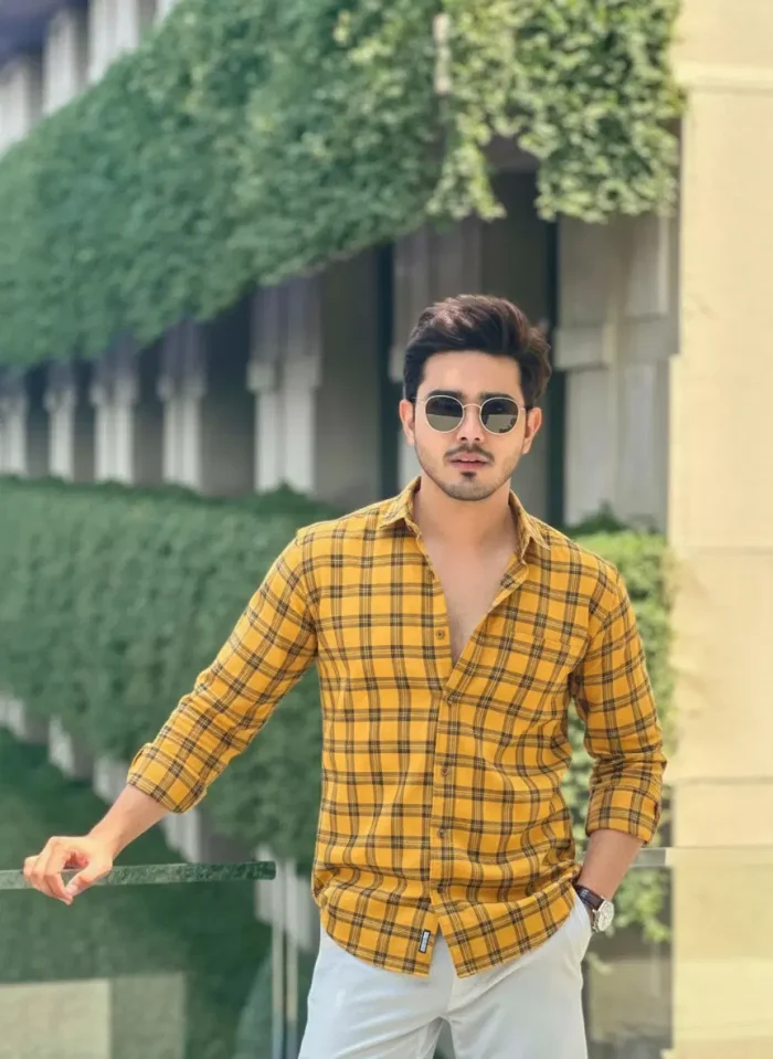 Yellow & black checkered casual shirt-Full Sleeve