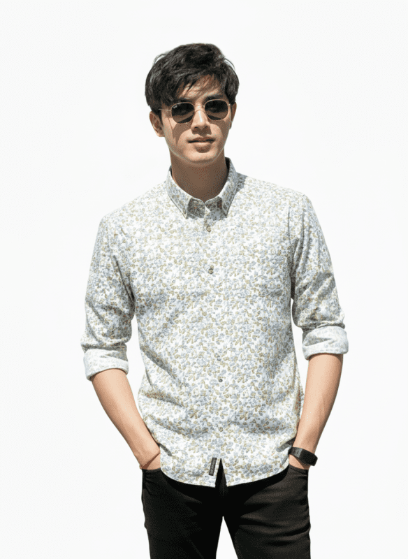 Light yellow&blue Leaf like shapes print -Full sleeve Shirt