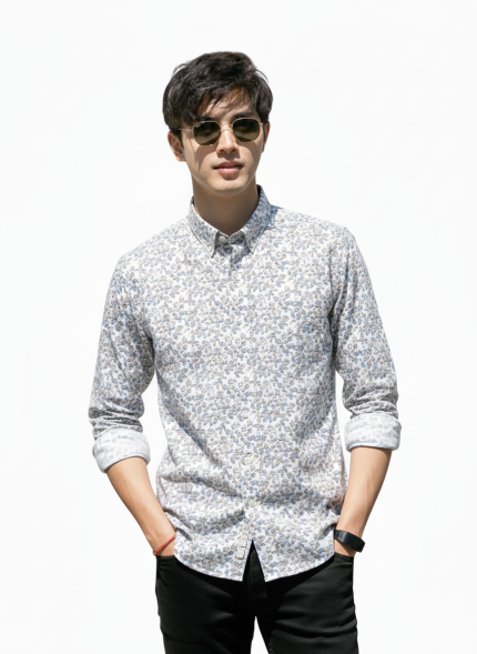 Light brown & blue leaf print-Full sleeve shirt