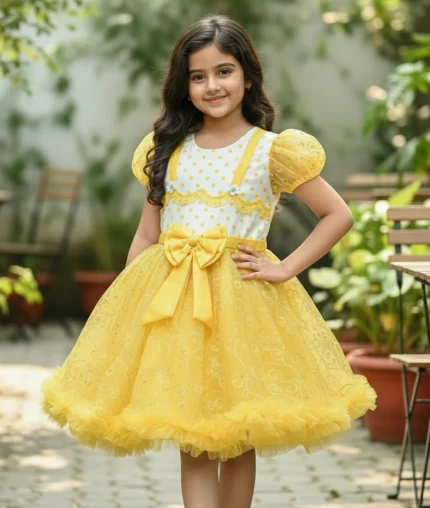 Girls' Yellow Embellished Net Fit & Party Frock