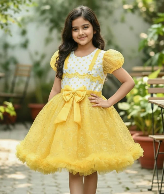 Girls' Yellow Embellished Net Fit & Party Frock