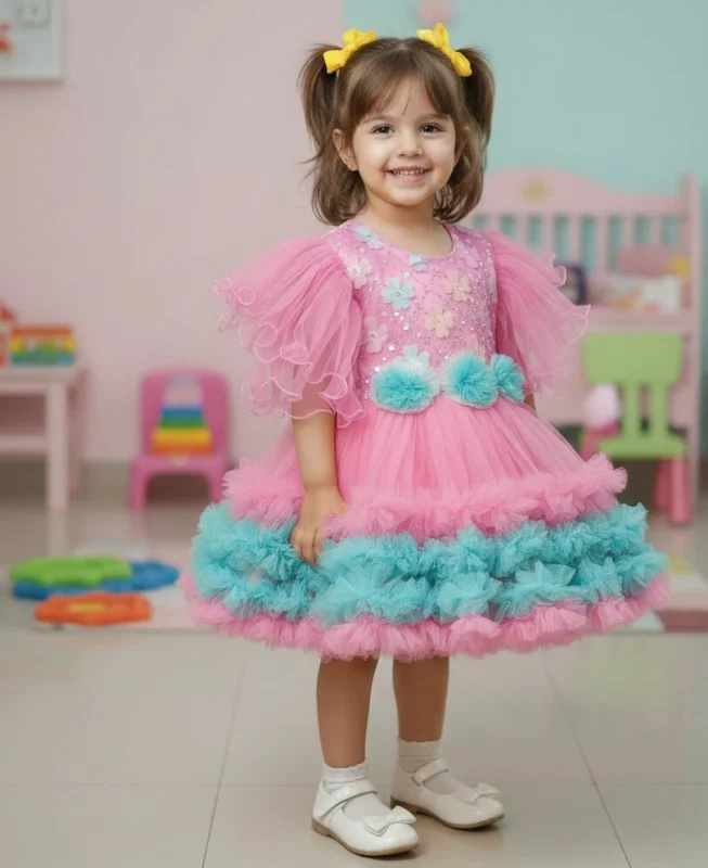 Girl's Rani Pink & Sky Blue Party Frock