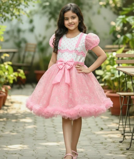 Girls Pink Colour Half Sleeves Party Dress