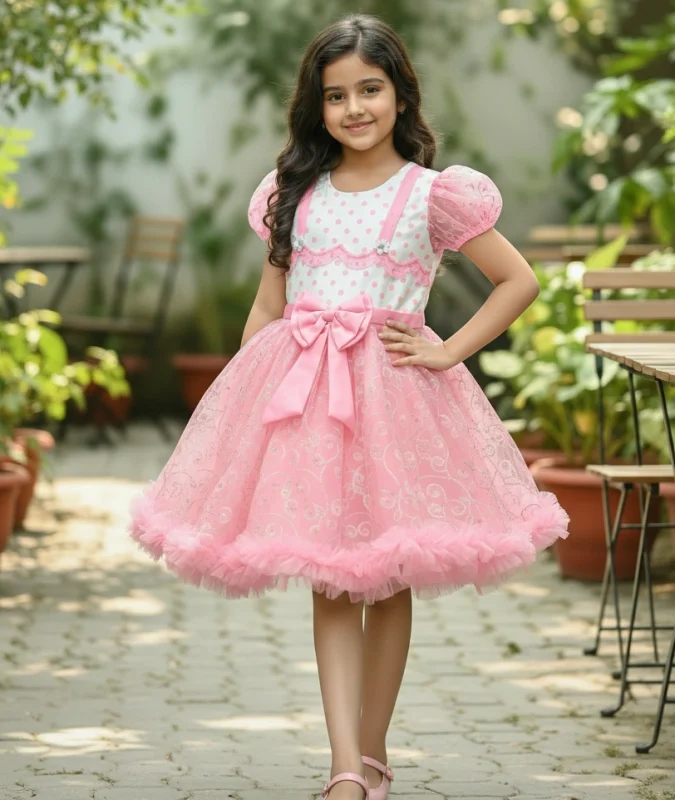 Girls Pink Colour Half Sleeves Party Dress