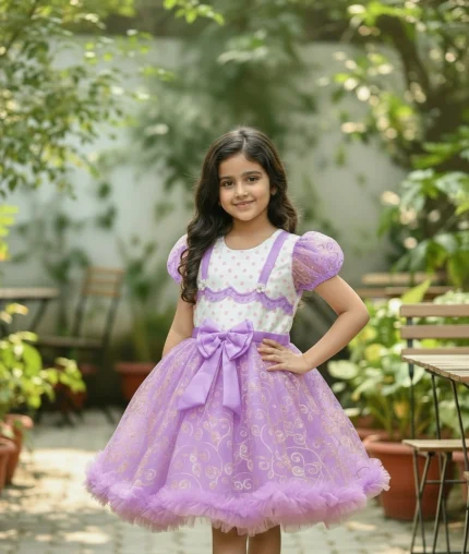 Girls Purple Half Sleeves Ruffle Embellished Party Dress