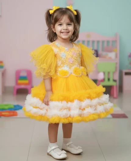 Girl's Luxury Ruffled Yellow colour Party Dress