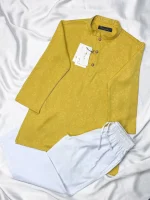 Boys Yellow cotton Embroidered Panjabi & Pajama