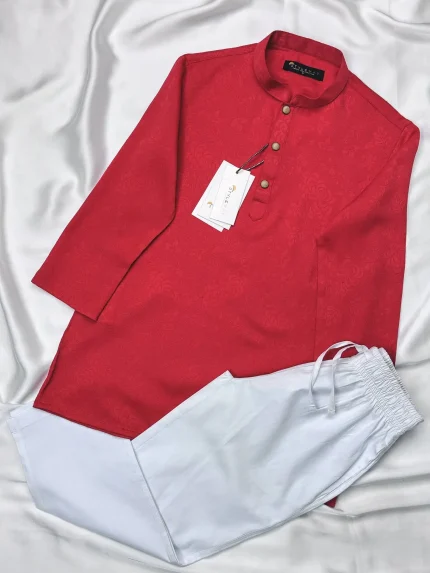 Boys Red cotton Embroidered Panjabi & Pajama