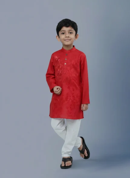 Boys Red cotton Embroidered Panjabi & Pajama