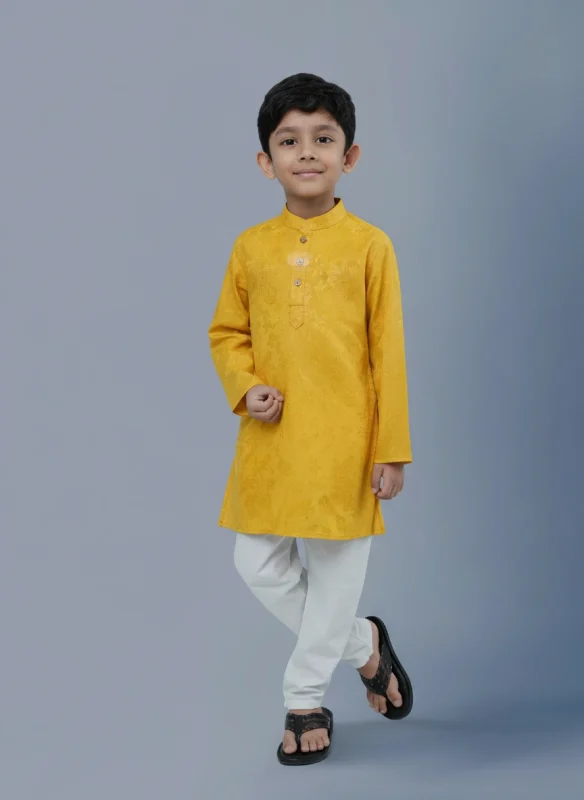 Boys Yellow cotton Embroidered Panjabi & Pajama
