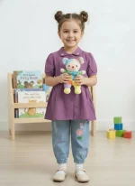 Purple colour long shirt & Denim pant set.