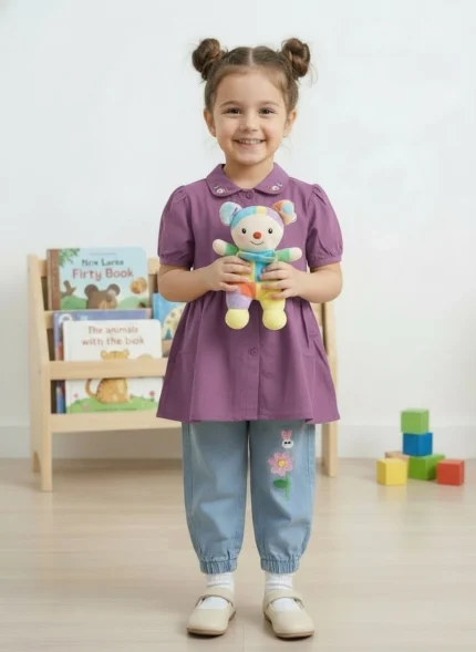 Purple colour long shirt & Denim pant set.