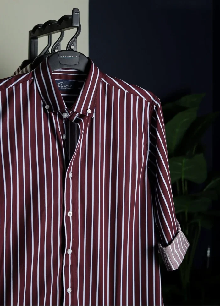 Men's Maroon Striped Casual Shirt.