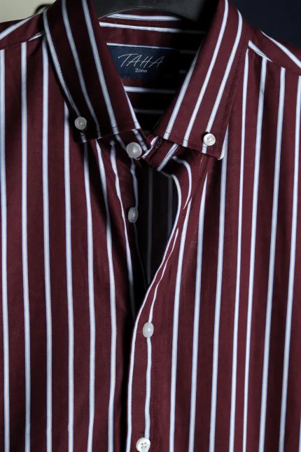 Men's Maroon Striped Casual Shirt.