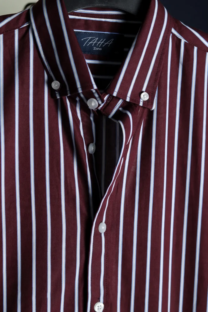 Men's Maroon Striped Casual Shirt.