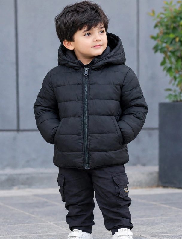 Classic black kids' quilted puffer jacket.