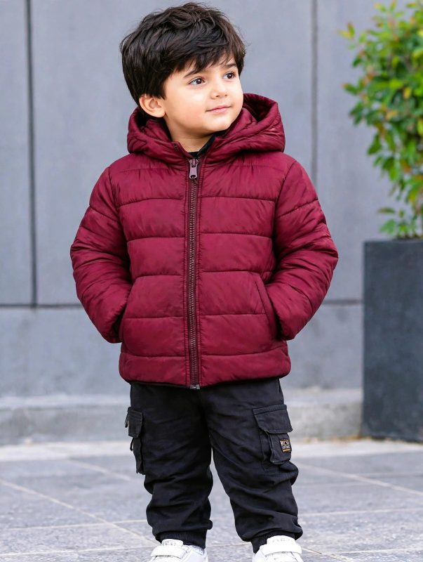 Marron color kid's puffer jacket.