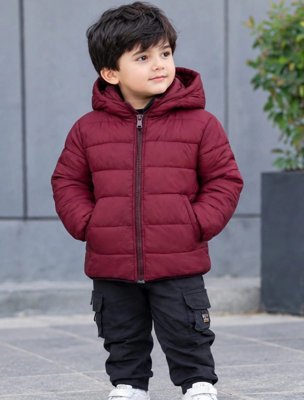 Marron color kid's puffer jacket.