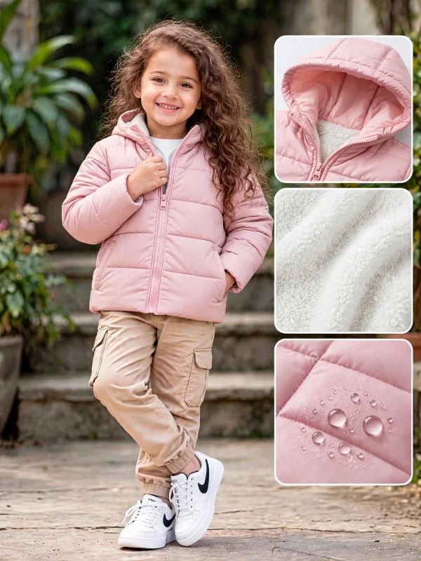 Girl's puffer jacket pink color.