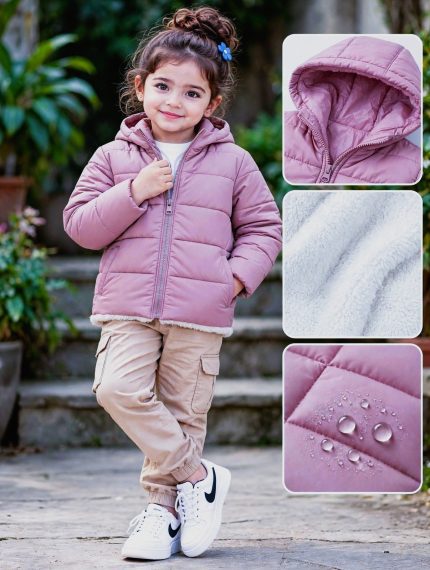 Girl's puffer jacket pink color.
