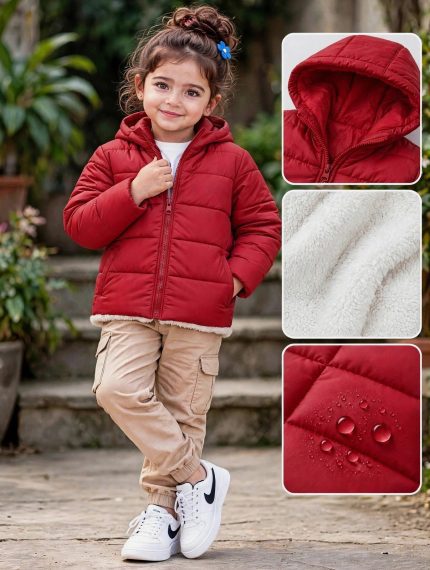 Red color puffer jacket for girl's.