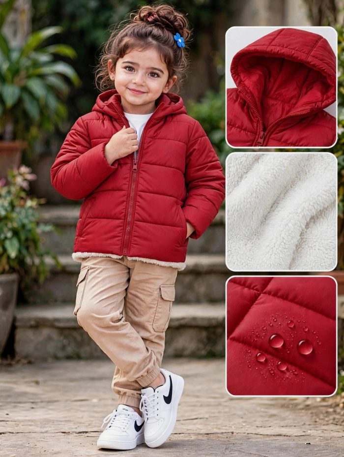 Red color puffer jacket for girl's.