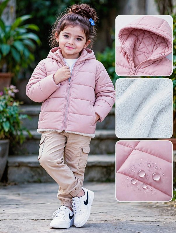 Girl's puffer jacket pink color.